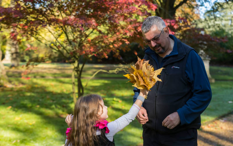 Girl playing with autumn leaves