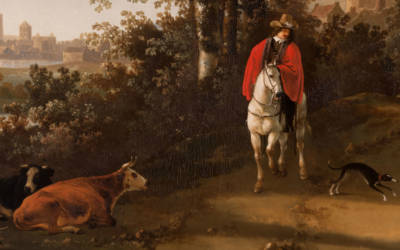 Detail by Cuyp of horseman, cows and dog, with city in background