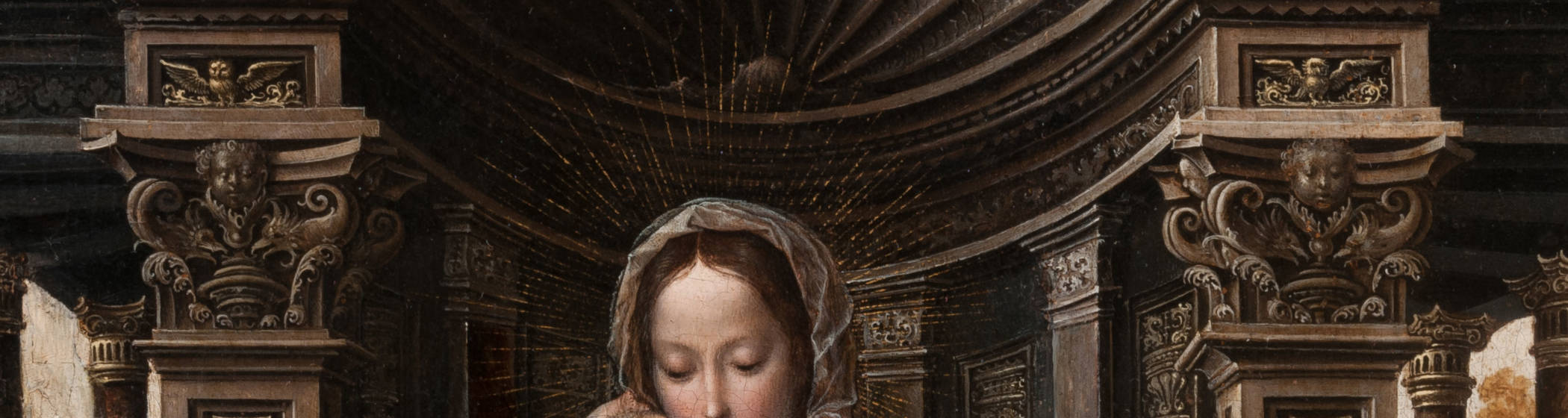 Oil on panel of Virgin and Child enthroned; elaborate building in an Italian Renaissance style behind; landscape with trees and sky behind that.