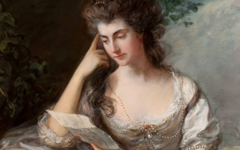 Full-length oil portrait of Mrs John Douglas (Frances Browne), seated and reading a letter