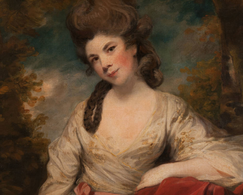 Full-length oil portrait of Mrs Abington, Frances Barton, dressed in classical costume as Thalia, the Co