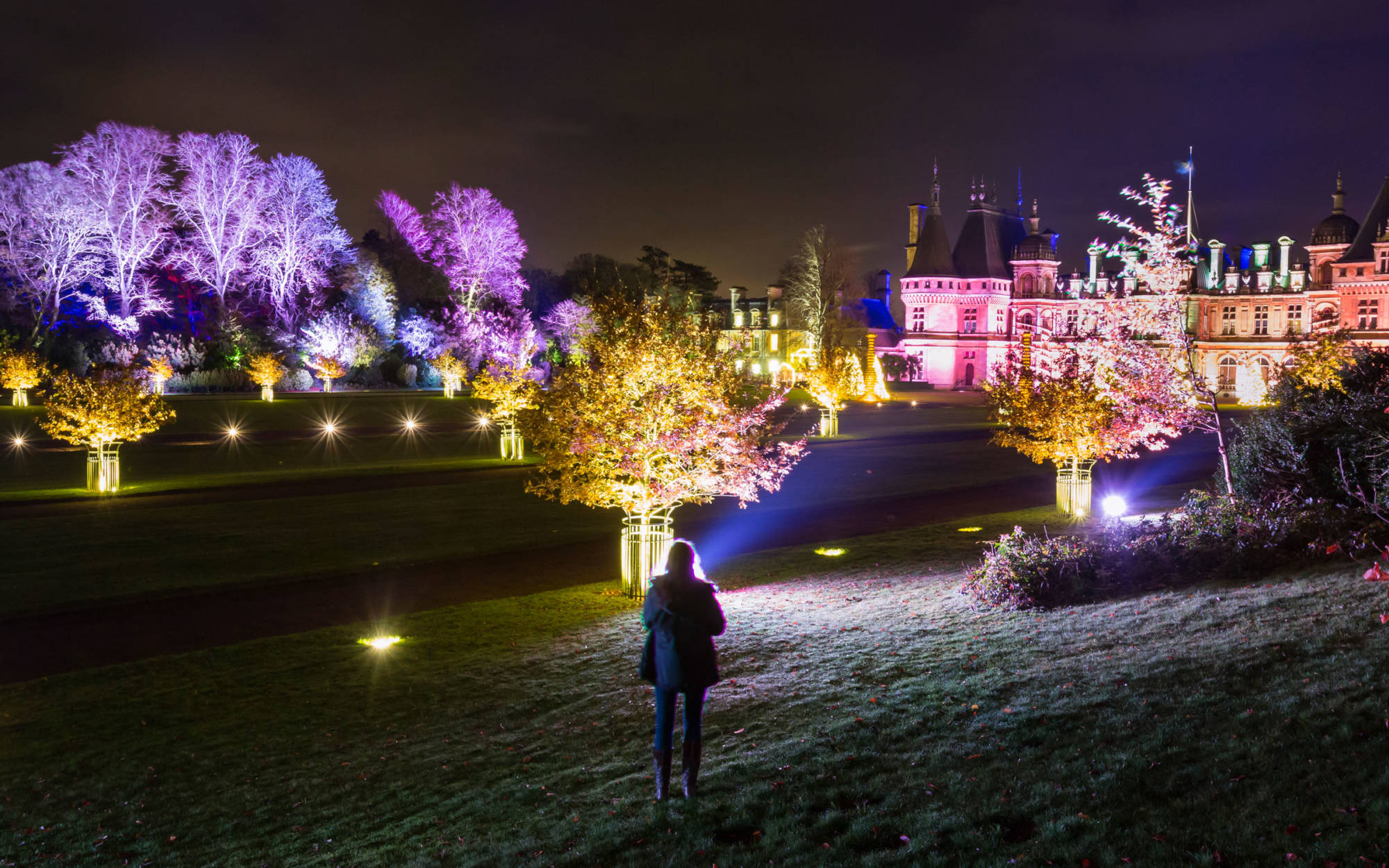 Visitor stands in front of Christmas illuminated Waddesdon Manor