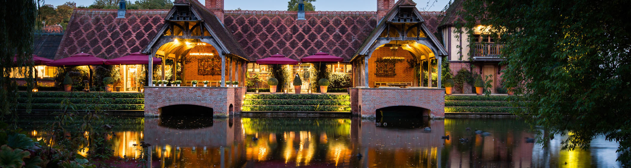 the Lakeside Terrace at the Dairy lit up for the evening