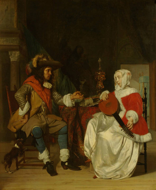 Gabriel Metsu, The Tête-à-Tête: A Lady Playing a Lute, and a Cavalier, 1662-1665; oil on panel