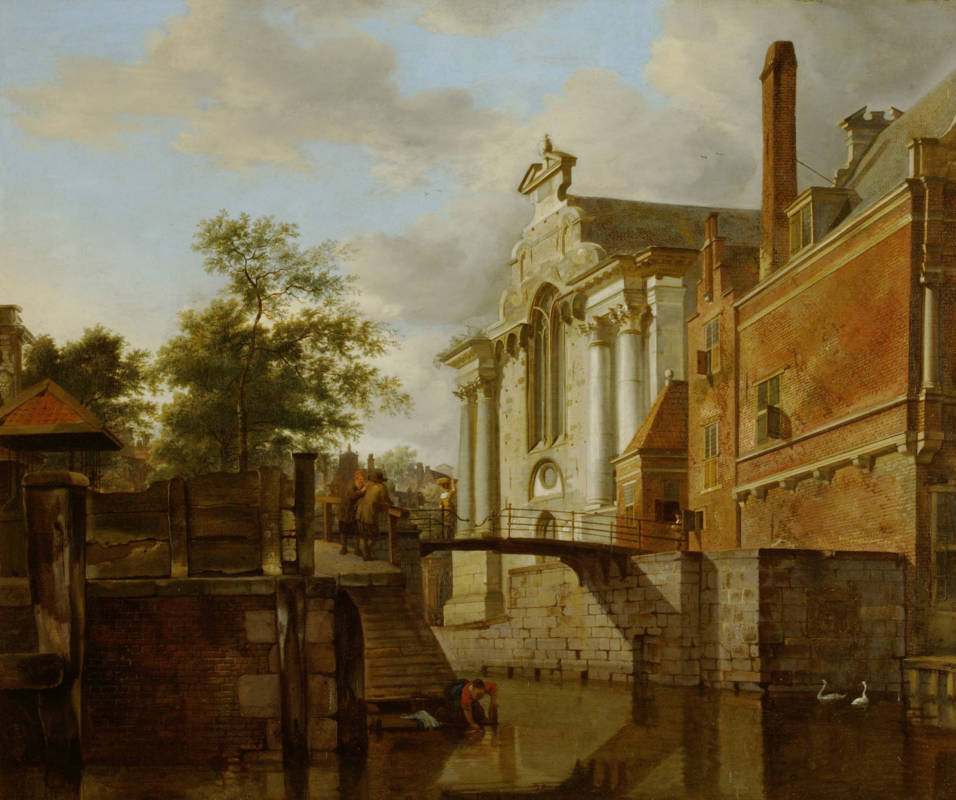 Jan van der Heyden, A Canal Junction, near a Church, c 1670; oil on panel
