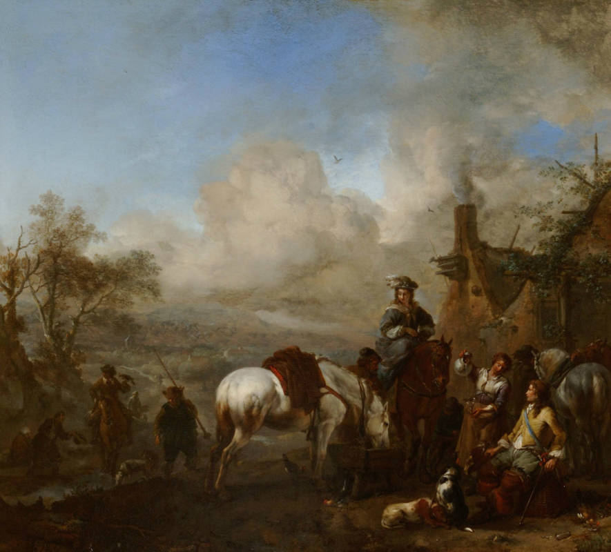 Philips Wouwerman, A Hawking Party Resting outside an Inn, 1655-1657; oil on panel