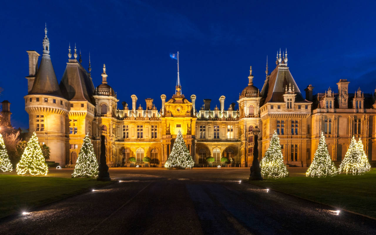 North front with illuminated christmas trees