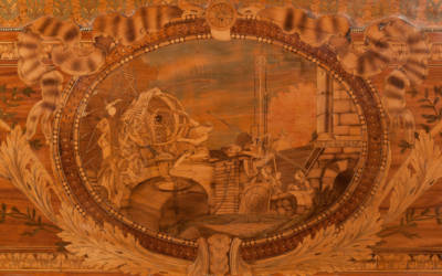 Roll-top desk decorated with marquetry images reflecting the interests of Caron de Beaumarchais and elaborate gilt-bronze mounts, 1777-1781