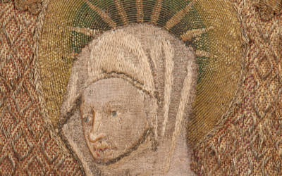 Unknown, Vertical rectangular embroidered panel depicting a saint, probably from an altar frontal, 1400-50