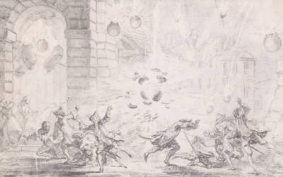Charles-Nicolas Cochin, Design for a book illustration: the effect of bombs falling on a town, 1740-41