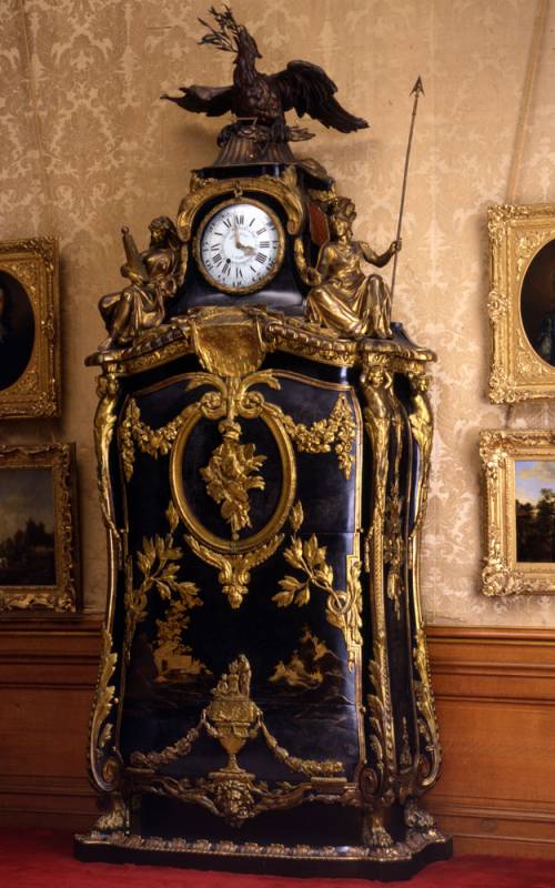 Combined fall-front desk, cabinet and clock