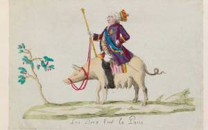 Print of Louis XVI riding a pig towards a fruit tree.