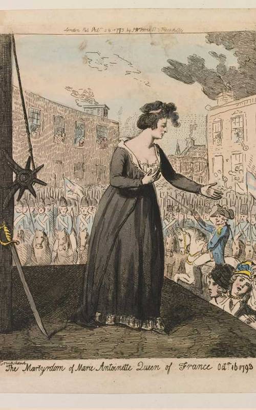 Print titled 'The Martyrdom of Marie-Antoinette'. Marie Antoinette stands on the scaffold, her head turned in profile to the right; her left arm is extended, as she addresses the crowd below.