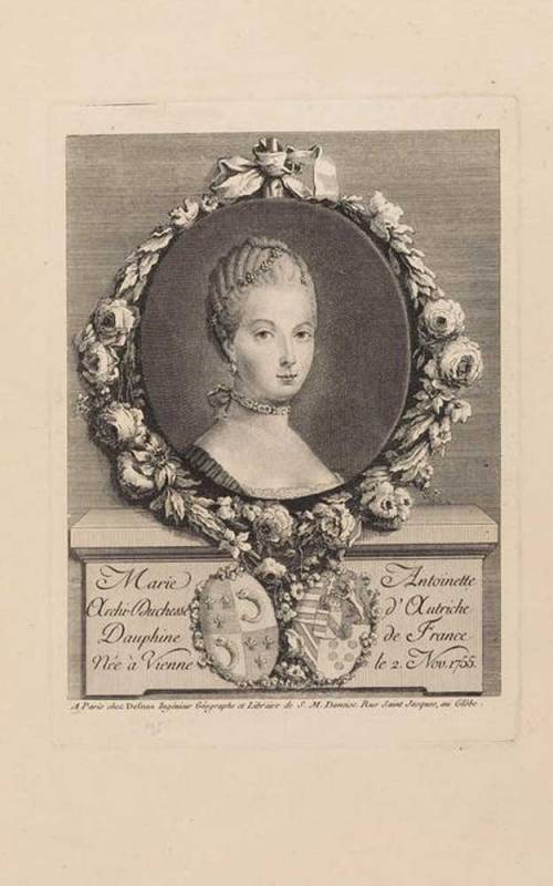 Printed etching from a Paris publication depicting a bust-portrait of Marie-Antoinette as dauphine, 1770-1774