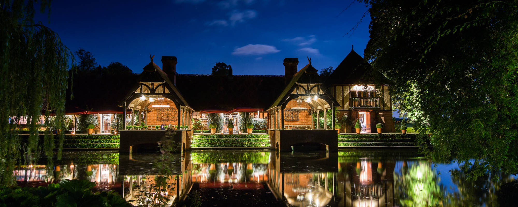 the Lakeside Terrace at the Dairy lit up at night