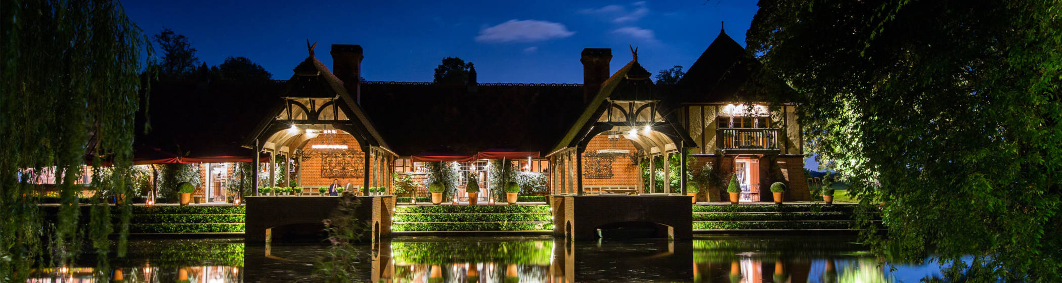 the Lakeside Terrace at the Dairy lit up at night